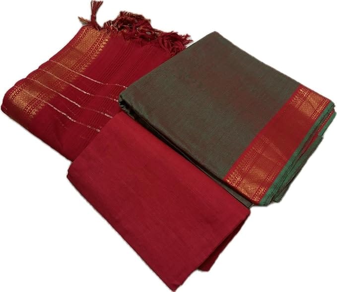 Pure Handloom Mangalagiri Cotton Green and Maroon Dress Material With Dupatta Set