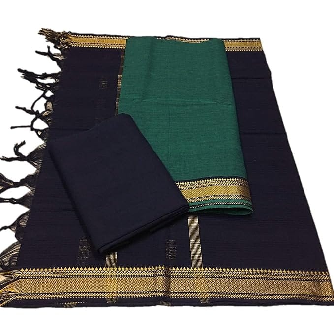 Pure Handloom Mangalagiri Cotton Green and Black Dress Material With Dupatta Set