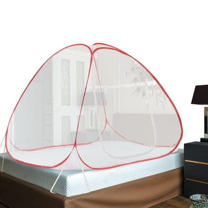 GLOBAL IMPEX Mosquito Net for Single Bed Foldable Machardani Polyester 30 GSM Strong Net PVC Coated Corrosion Resistant Steel Wire (White, Red)