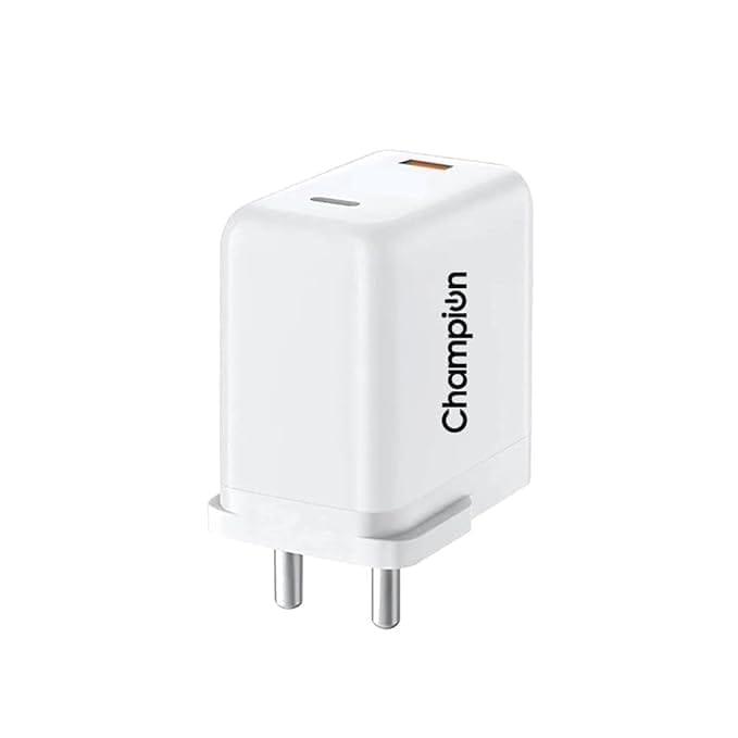 Champion 25W PD Wall Charger/Adapter with Dual Output (USB + Type C) Supports PPS/Warp/Dash/SuperVooc Charging Via USB Port & PD Charge Via Type-C for iPhone & Android Devices (White)