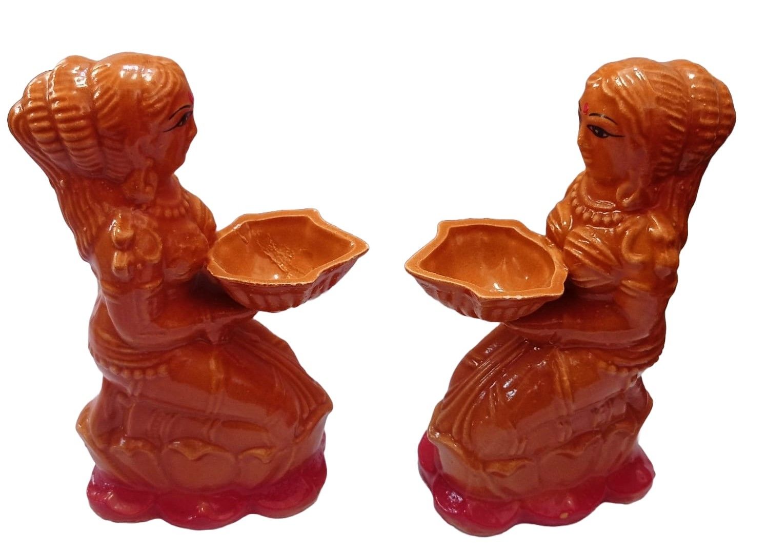  Set of 2 Handmade Clay Diya Oil Lamps with Traditional Indian Women Figurines for Diwali Decoration and Home Decor