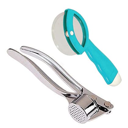 GLOBAL IMPEX Combo of Stainless Garlic Crusher and Steel Pizza Cutter with Comfortable Plastic Handle for Kitchen Cyan Green Pizza Cutter & Garlic Crusher (Pack of 2)