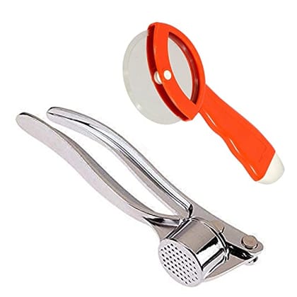 GLOBAL IMPEX Combo of Stainless Garlic Crusher and Steel Pizza Cutter with Comfortable Plastic Handle for Kitchen Red Pizza Cutter & Garlic Crusher (Pack of 2)