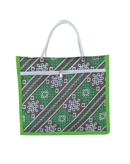 Green Jute Lunch and Carry Bag with Zipper and White Handles