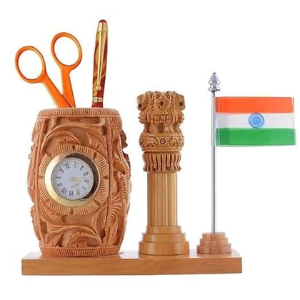 Kusum Art Wooden Pen Stand Clock with Ashoka stambh and Flag I Pen Stand I Desk Organizer I Pen Holder I Pen/Pencil Holder I Pen Stand with Clock I Study/Office Table Organizer