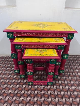 Kusum Art Wooden hand Painted Nested Set of Three Stool For Home Decor and Flyover Port With Deafferent Different Size