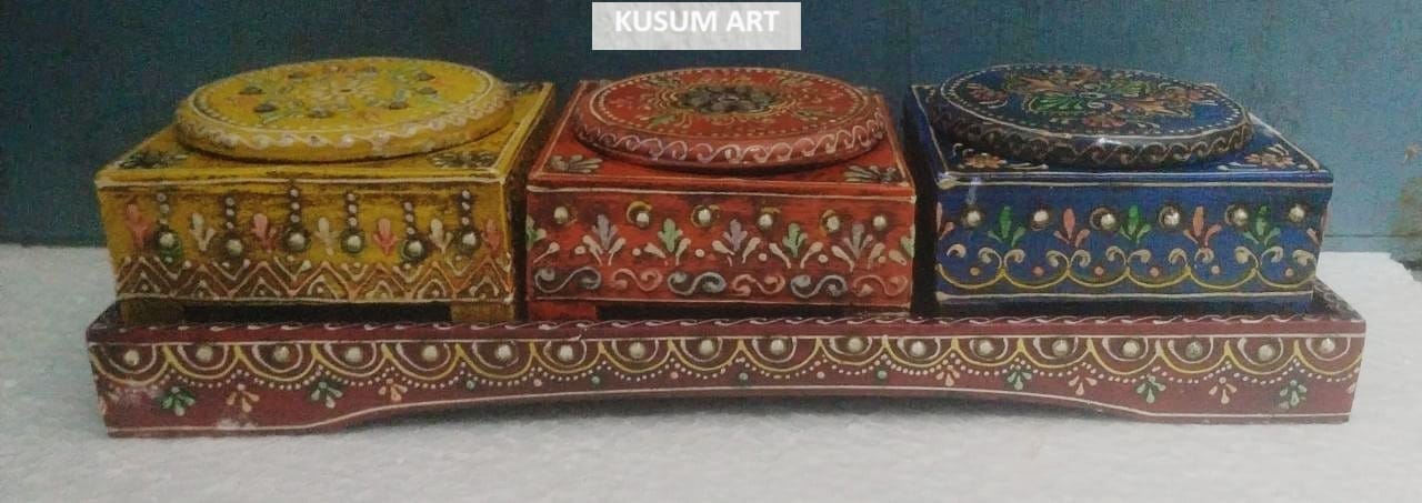 Kusum Art Wooden hand Painted Decorative dry Fruit Box with 3 Removable Box With Bowl For Decor Your Dining Set