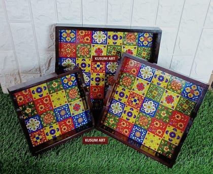 Kusum Art Wooden Set of 3 Tray With Ceremic Tiles Fitted For Your Home Decor and Decoration and Table Decor