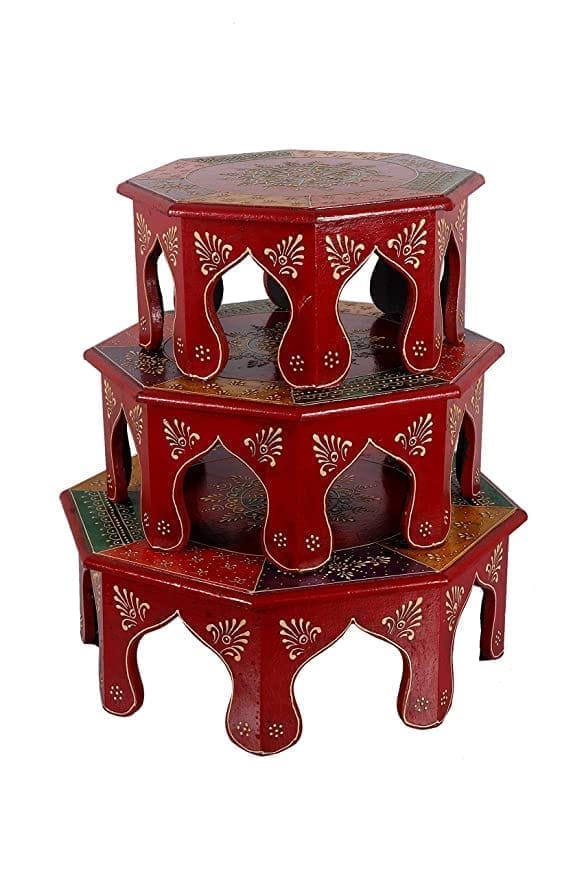 Kusum Art and Crafts Wooden hanipainted Bajot with Polish and Brass Fitted Set of 3 (16x16x6, 14x14x6, 12x12x6, Red)