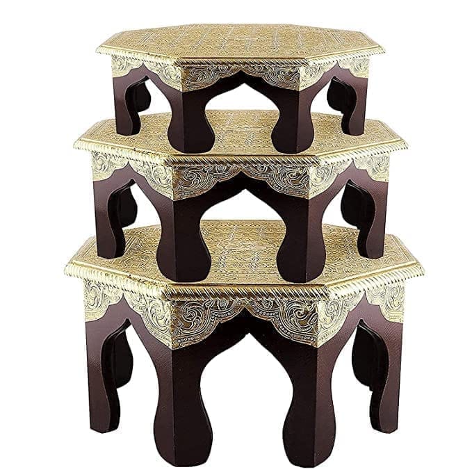 Kusum Art and Crafts Wooden hanipainted Bajot with Polish and Brass Fitted Set of 3 (16x16x6, 14x14x6, 12x12x6, Brown)