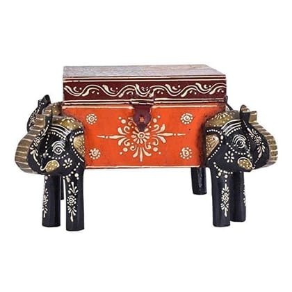 Kusum Art And Crafts wooden hanipainted Wooden jewellery Box With 4 Elephant Face (Medium, Multicolour)