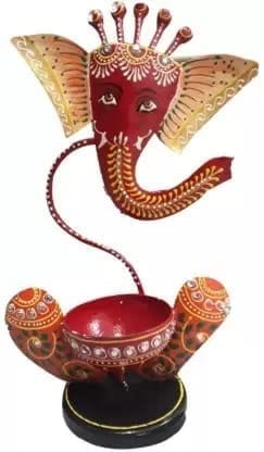 Kusum Art and Crafts Iron haind Painted Multicolor Rajasthani Tea Light Ganesha (Red, Iron)