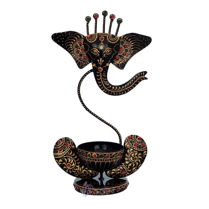 Kusum Art and Crafts Iron haind Painted Multicolor Rajasthani Tea Light Ganesha (Black, Iron)