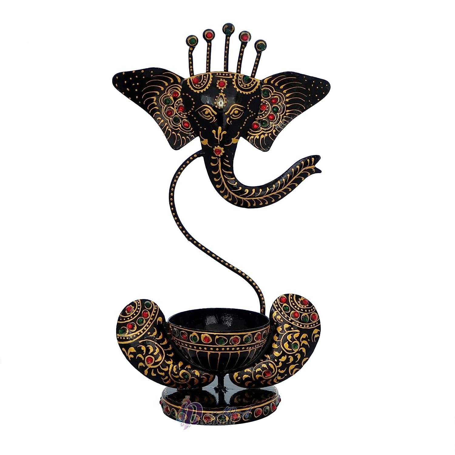 Kusum Art and Crafts Iron haind Painted Multicolor Rajasthani Tea Light Ganesha (Black, Iron)