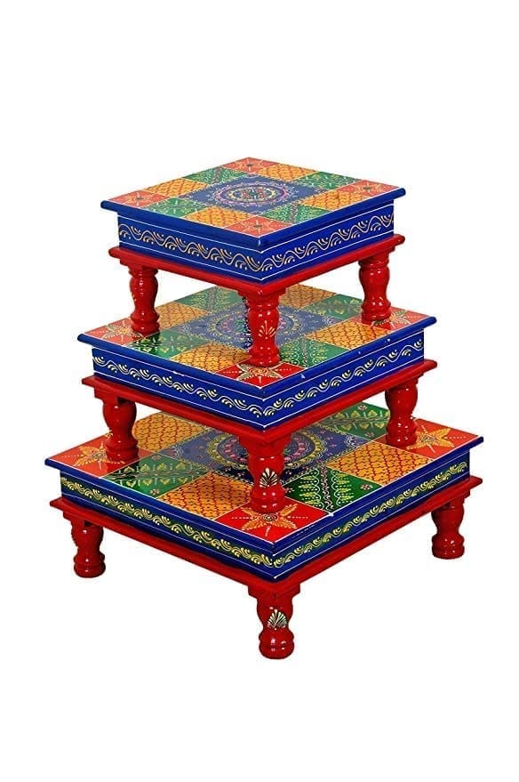 Kusum Art and Crafts Wooden Handpainted Bajot Pooja Chowki Set of 3 (18x18x6, 15x15x6, 12x12x6, Multicolour-B)