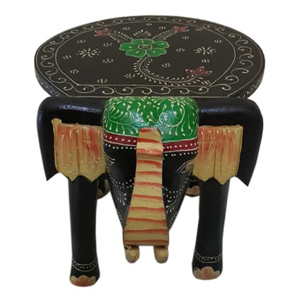 Kusum Art and Crafts Wooden Hand Painted Rajasthani Elephant Stool with Natural Finish (8x10x8, Multicolor-G)