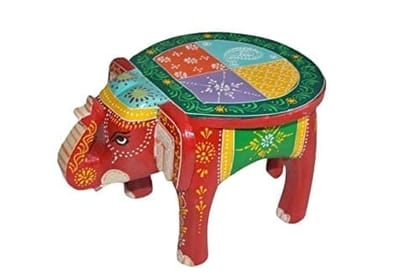 Kusum Art and Crafts Wooden Hand Painted Rajasthani Elephant Stool with Natural Finish (8x10x8, Multicolor-E)