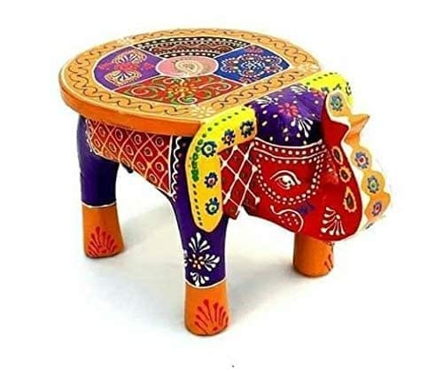 Kusum Art and Crafts Wooden Hand Painted Rajasthani Elephant Stool with Natural Finish (8x10x8, Multicolor-D)