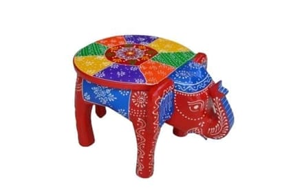 Kusum Art and Crafts Wooden Hand Painted Rajasthani Elephant Stool with Natural Finish (8x10x8, Multicolor-C)