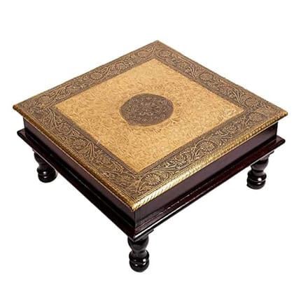 Kusum Art and Crafts Wooden hanipainted Bajot with Polish and Brass Fitted For Sitting And Puja purpose For Your Beautifull Home (18x18x6, Brown)