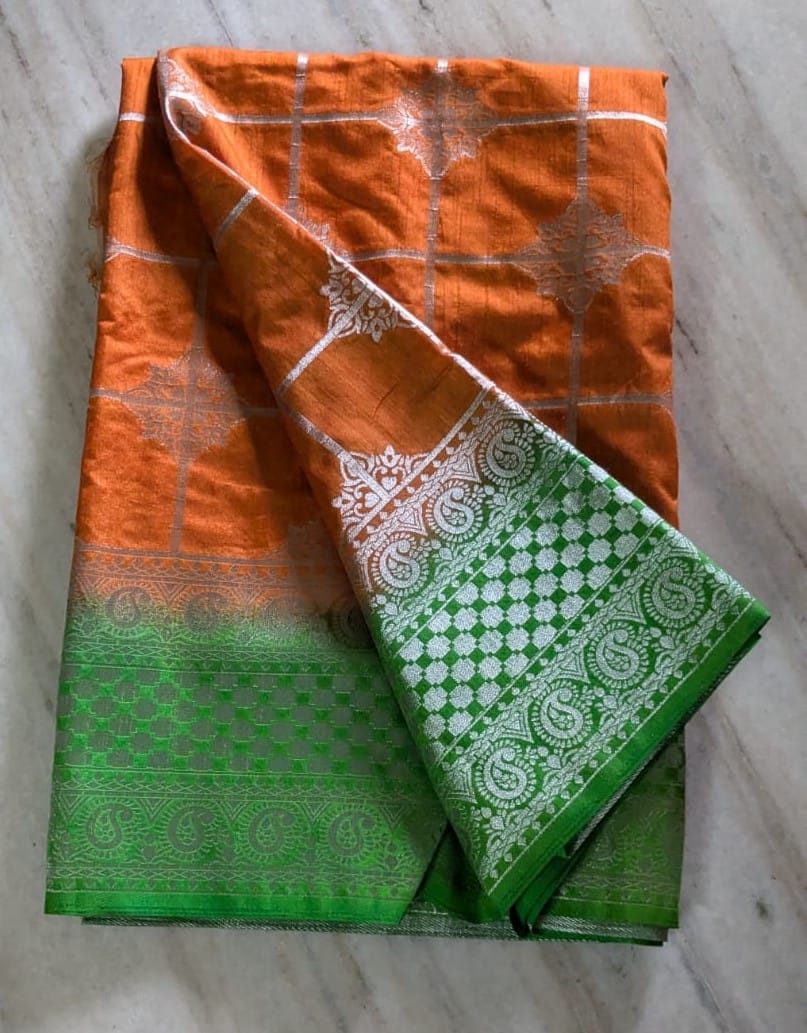  Orange and Green Silk Saree With Silver Zari Weaving