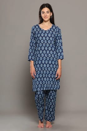 BREATHABLES Women Cotton Printed Loungewear Kurta and Pants Co-ord Set 3/4 Sleeve  V Neck Comfort Loose Fit (Night Wear | Co-ord set | Lounge Wear Set)