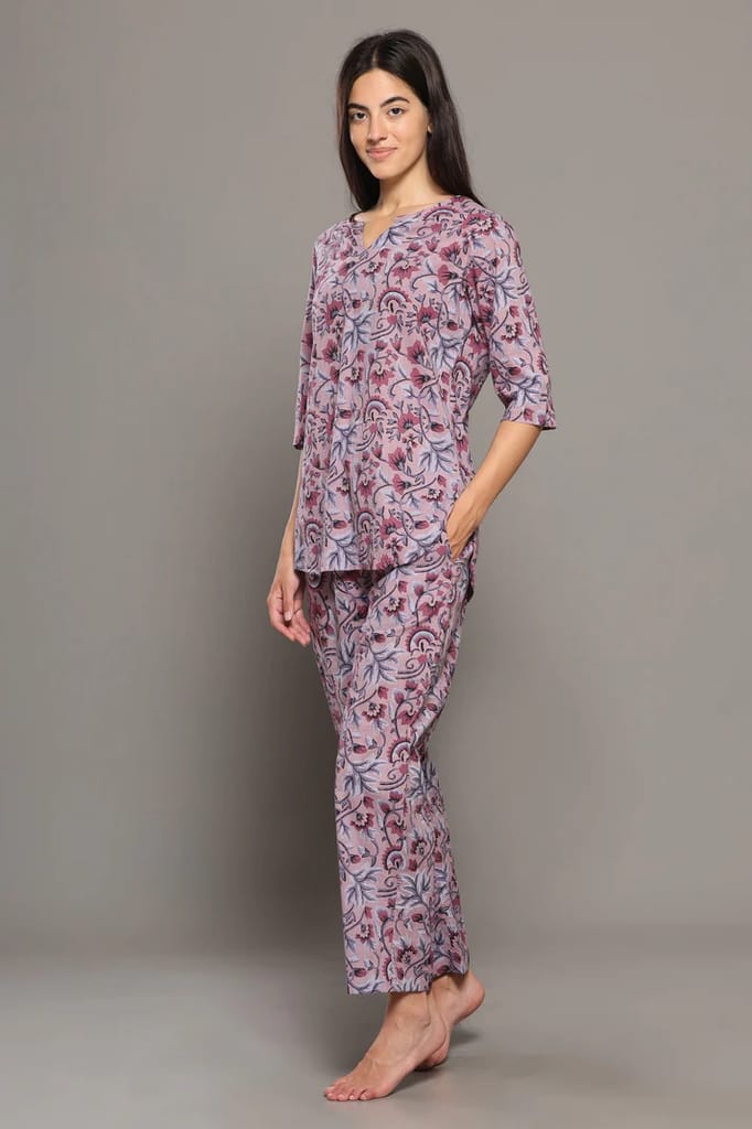 Luxurious Women BREATHABLES Women Cotton Printed Loungewear Kurta and Pants Co-ord Set 3/4 Sleev