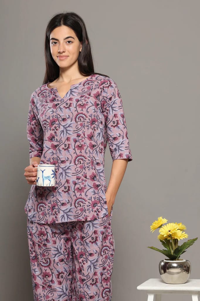 Luxurious Women BREATHABLES Women Cotton Printed Loungewear Kurta and Pants Co-ord Set 3/4 Sleev