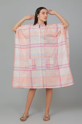 BREATHABLES Women Cotton Checks Loungewear Kaftan Chinese Collar Comfort Loose Fit Peach