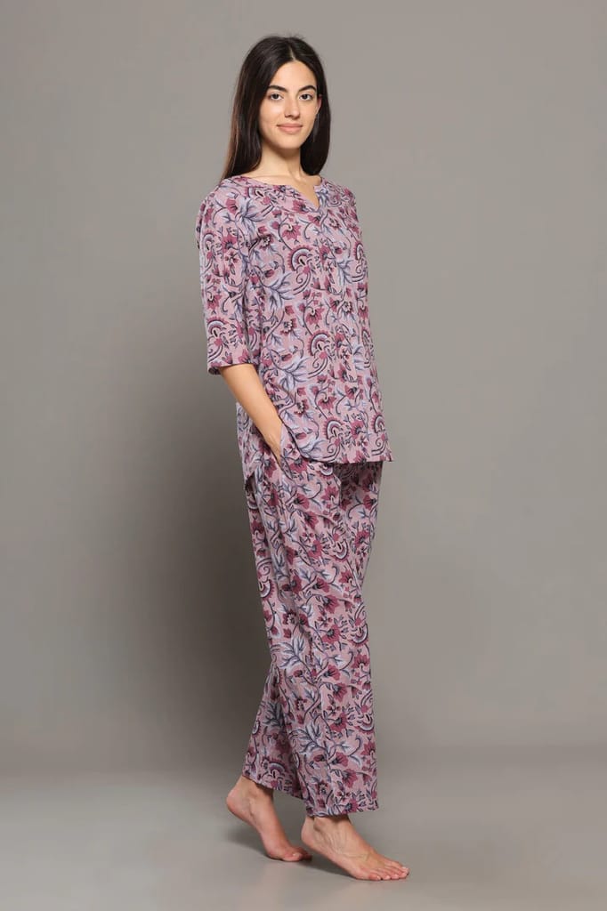 Luxurious Women BREATHABLES Women Cotton Printed Loungewear Kurta and Pants Co-ord Set 3/4 Sleev