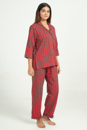 BREATHABLES Women Cotton Checks Nightsuit Shirt and Pants Co-ord Set 3/4 Sleeve Notched Collar Comfort Loose Fit Red(Night Wear | Co-ord set | Lounge Wear Set)