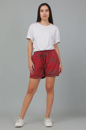 BREATHABLES Women Cotton Checks Loungewear Shorts Comfort Loose Red ( Athleisure I Sportswear I Nightwear)