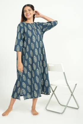 BREATHABLES Women Cotton Printed Loungewear Dress Short Sleeve Round Neck Comfort Loose Fit Blue(Night Wear | Nighty |  Nightie )