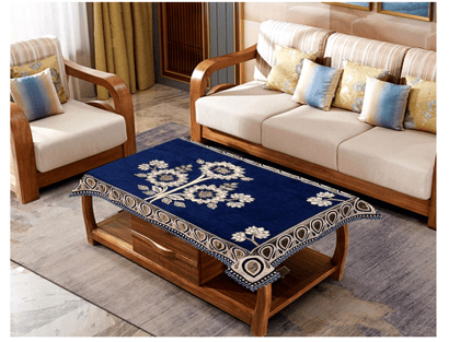 ELOHIM Attractive Floral Design Chenille 4 Seater(36x54 inches) Center Table Cover (Blue Color)