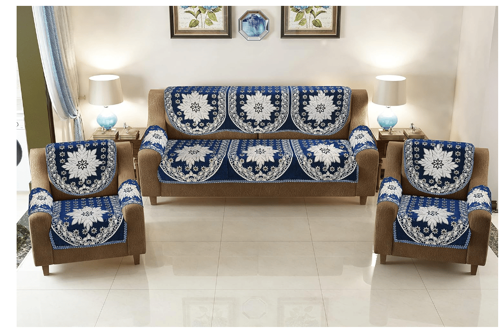 ELOHIM 5 Seater Polycotton Sofa Cover Set with 6 Pieces Arms Cover - Pack of 12 Pieces (Blue)