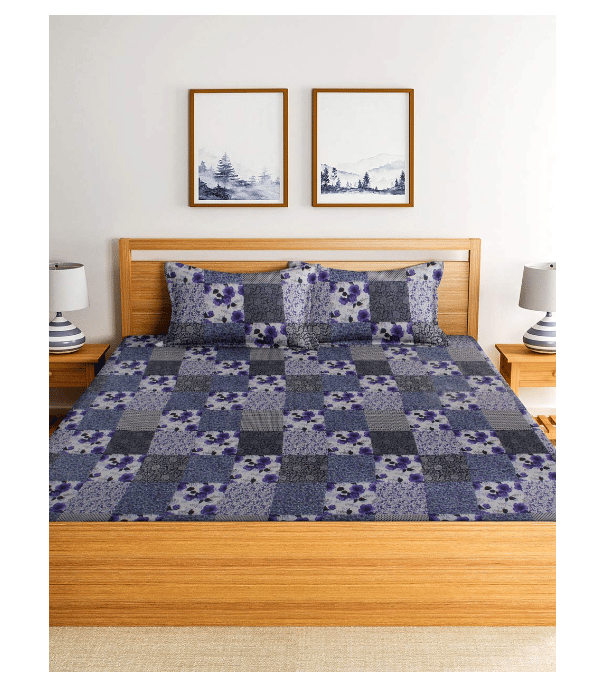 ELOHIM Polycotton 150TC Double Bedsheet with 2 Pillow Covers for Double Bed Floral Designer(Blue)