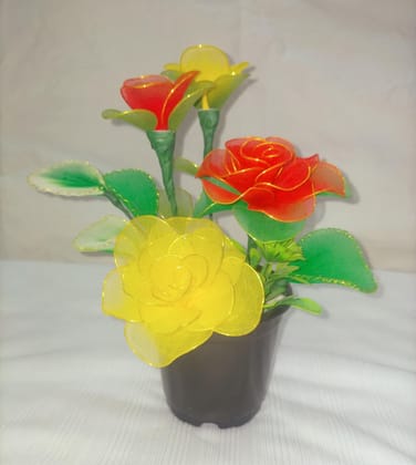 Handmade Nylon Red and Yellow Stocking Flowers with Pot