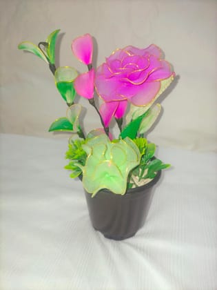 Handmade Pink Nylon Artificial Flowers with Pot