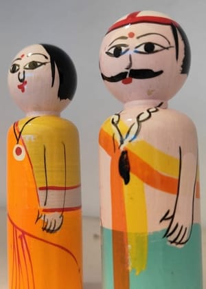  Indian Wooden Hand-Painted Couple Figurines