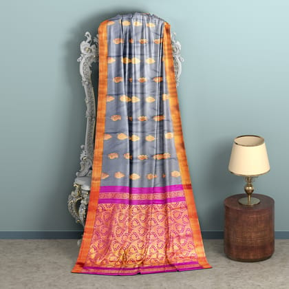  Soft And Breathable Grey Saree With Golden And Pink Border