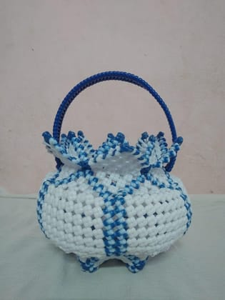 White and Blue Handwoven Plastic Basket with Handle