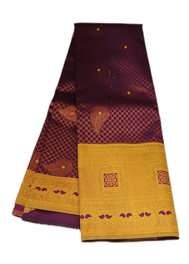 Maroon and gold silk saree with peacock motifs