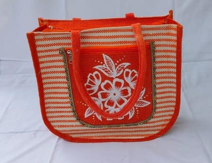 Handbag Orange and White Striped Jute Tote Bag with White Floral Applique