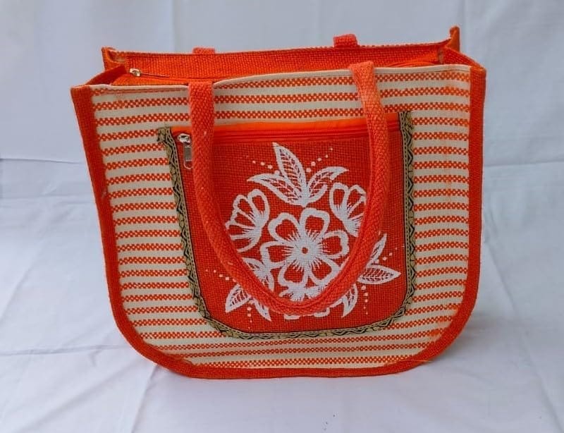 Handbag Orange and White Striped Jute Tote Bag with White Floral Applique