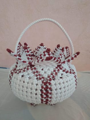 Handwoven Plastic Basket with Red and White Checkered Pattern