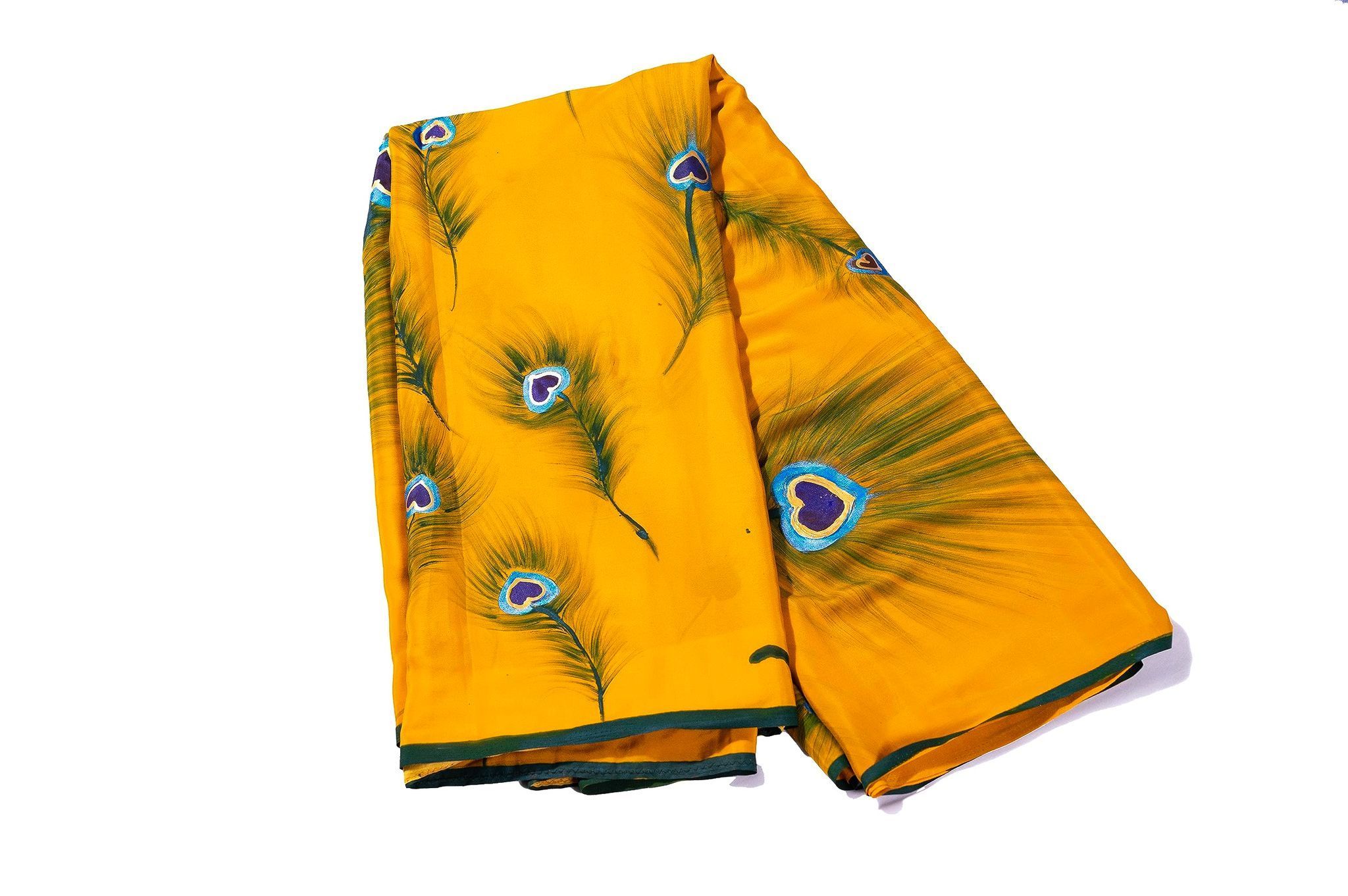 Yellow Saree With Peacock Feather Design