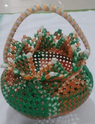 Handmade tricolor plastic crochet basket