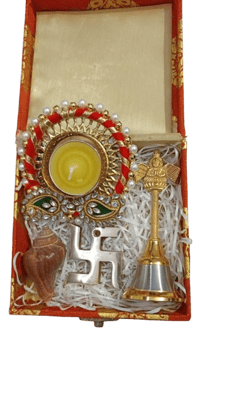 Gift box:"Diwali Puja Thali Set with Conch Shell, Bell, Om Symbol, and Diya"