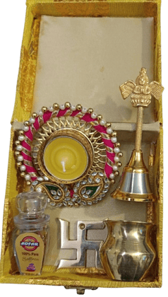 Gift box:"Diwali Puja Thali Set with Conch Shell, Bell, Om Symbol, kesar and Diya"