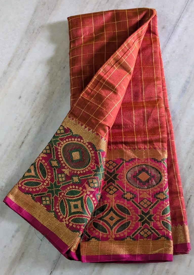  Red and gold checked pattern silk saree with zari border